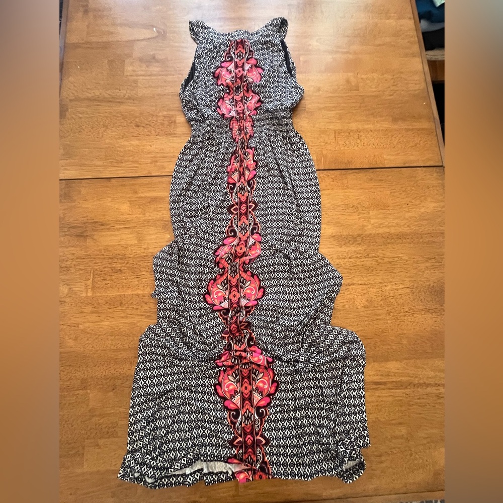 Soma Black and White Geometric Dress with Pink Highlights and Chest Cut Outs